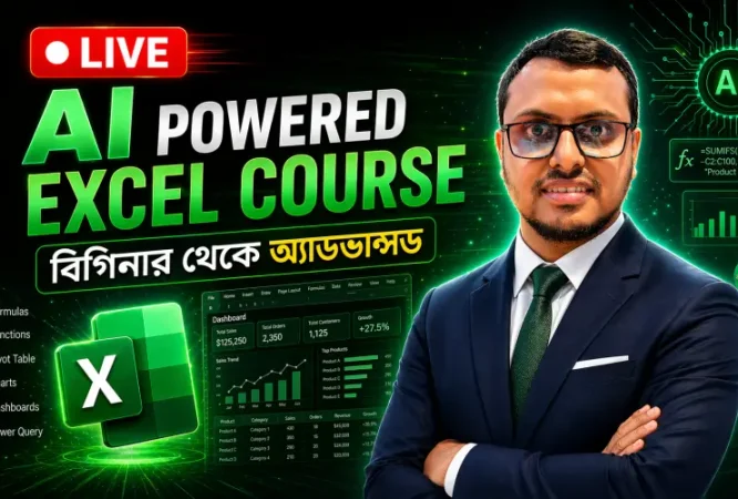 AI Powered Excel Course Live banner for Rayhan Tanjim Tech featuring a professional tech educator with modern AI-themed Excel design, green neon lighting, Microsoft Excel logo, and premium online live training branding in Bangla.